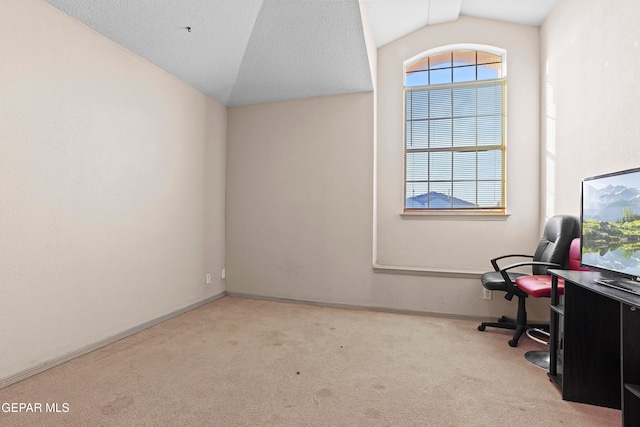 carpeted office space with lofted ceiling and a textured ceiling