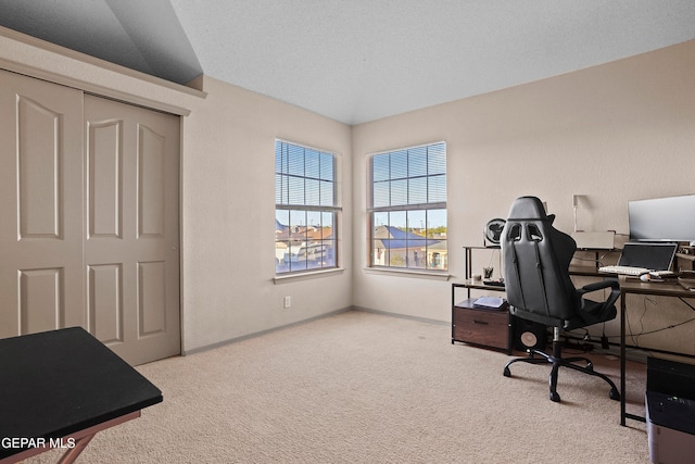 office featuring a textured ceiling and light colored carpet