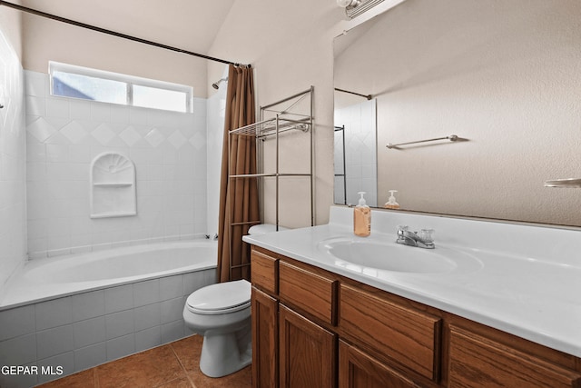 full bathroom featuring vanity, toilet, shower / bath combination with curtain, and tile patterned flooring