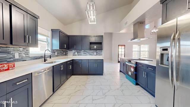 kitchen featuring stainless steel appliances, plenty of natural light, sink, and extractor fan