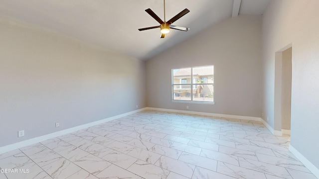 empty room with high vaulted ceiling, ceiling fan, and beamed ceiling