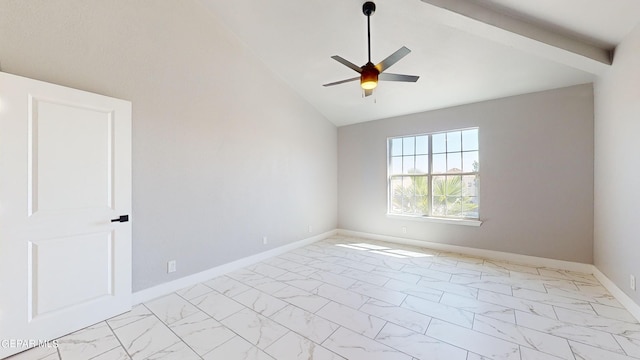 empty room with ceiling fan and vaulted ceiling with beams