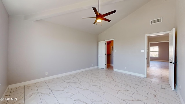 unfurnished room featuring ceiling fan, beamed ceiling, and high vaulted ceiling