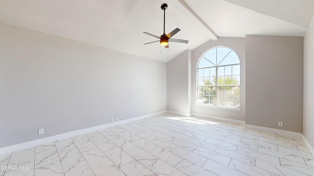 spare room featuring ceiling fan and vaulted ceiling with beams