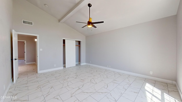 unfurnished bedroom with high vaulted ceiling, beamed ceiling, and ceiling fan