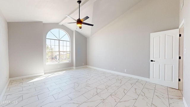 unfurnished room featuring ceiling fan and lofted ceiling with beams