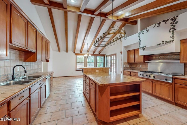 kitchen with beam ceiling, sink, and stainless steel appliances