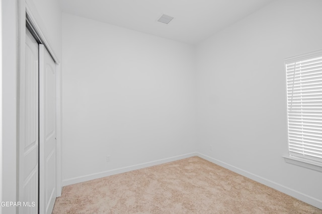 interior space with a closet and light colored carpet