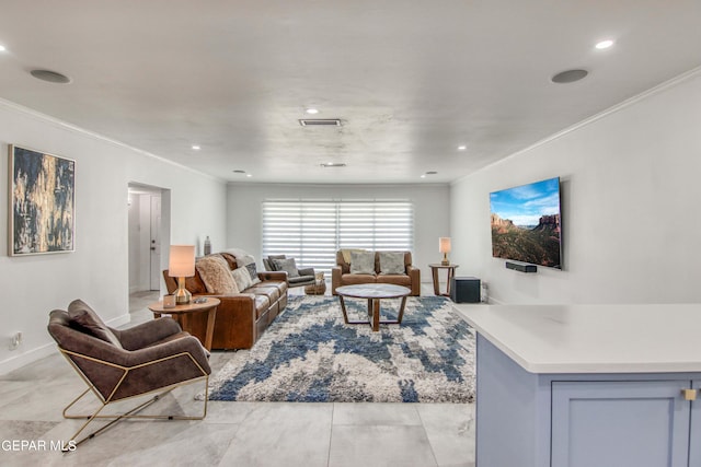 living room featuring crown molding and light tile patterned floors