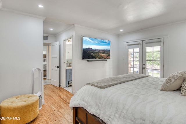 bedroom with access to outside, light hardwood / wood-style flooring, ensuite bathroom, and crown molding