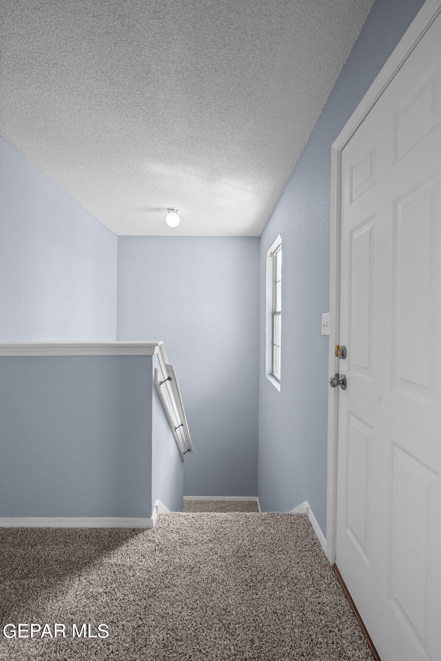 staircase with a textured ceiling and carpet floors