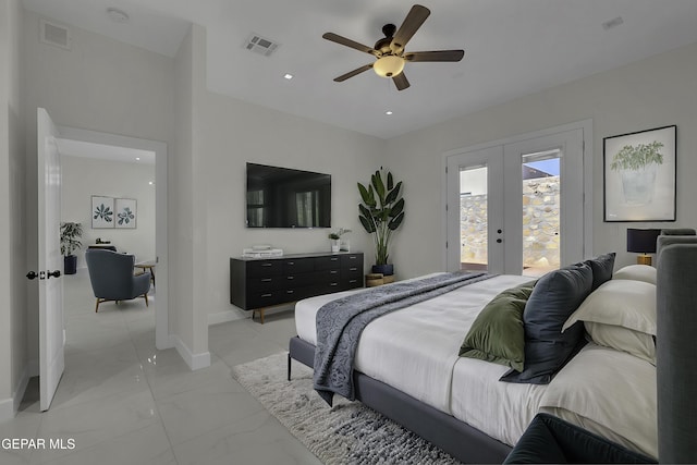 bedroom with french doors, ceiling fan, and access to exterior