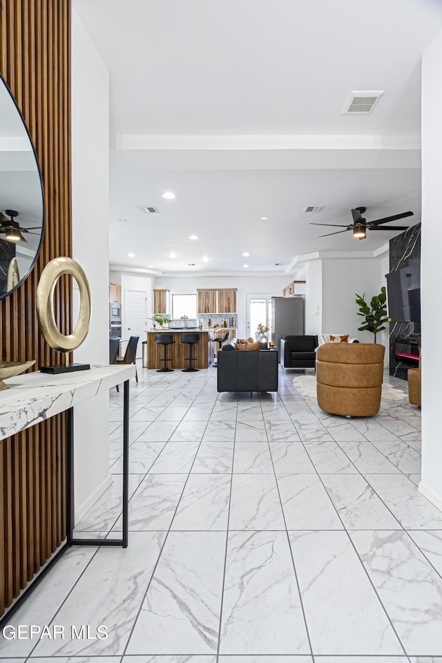 341 Sleepy Run St, El Paso, TX 79928 - living area featuring recessed lighting, light marble finish floors, and ceiling fan