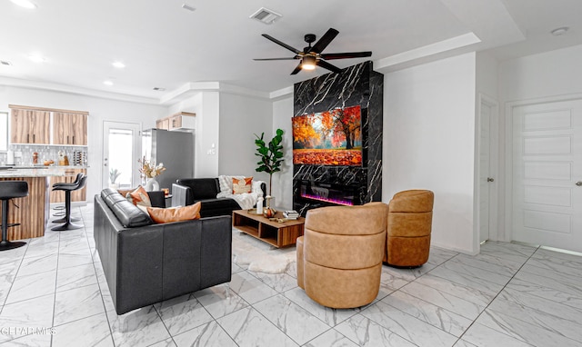 341 Sleepy Run St, El Paso, TX 79928 - living room with light marble finish flooring, recessed lighting, and a ceiling fan