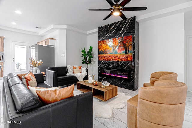341 Sleepy Run St, El Paso, TX 79928 - living area featuring ceiling fan, light marble finish floors, recessed lighting, and a fireplace