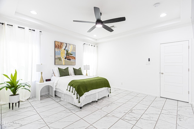 341 Sleepy Run St, El Paso, TX 79928 - bedroom featuring a tray ceiling, light marble finish flooring, recessed lighting, and ceiling fan