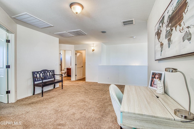 carpeted office space with a textured ceiling