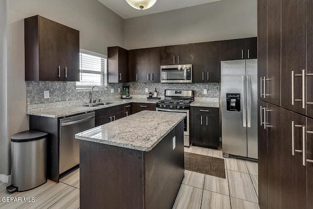 kitchen featuring tasteful backsplash, sink, dark brown cabinets, a center island, and stainless steel appliances