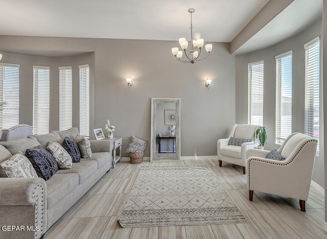 living room featuring a notable chandelier