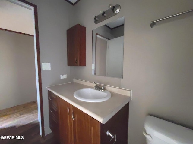 bathroom featuring vanity, hardwood / wood-style flooring, and toilet