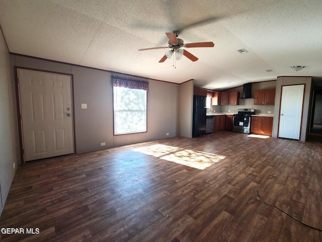 unfurnished living room featuring a textured ceiling, ceiling fan, lofted ceiling, and dark wood-style floors