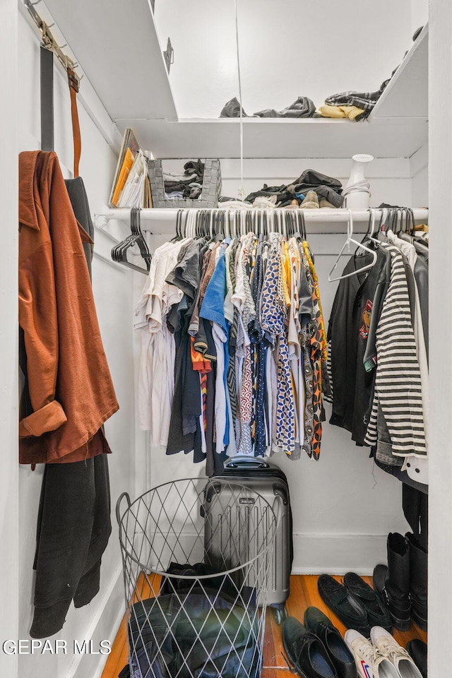 walk in closet with hardwood / wood-style floors