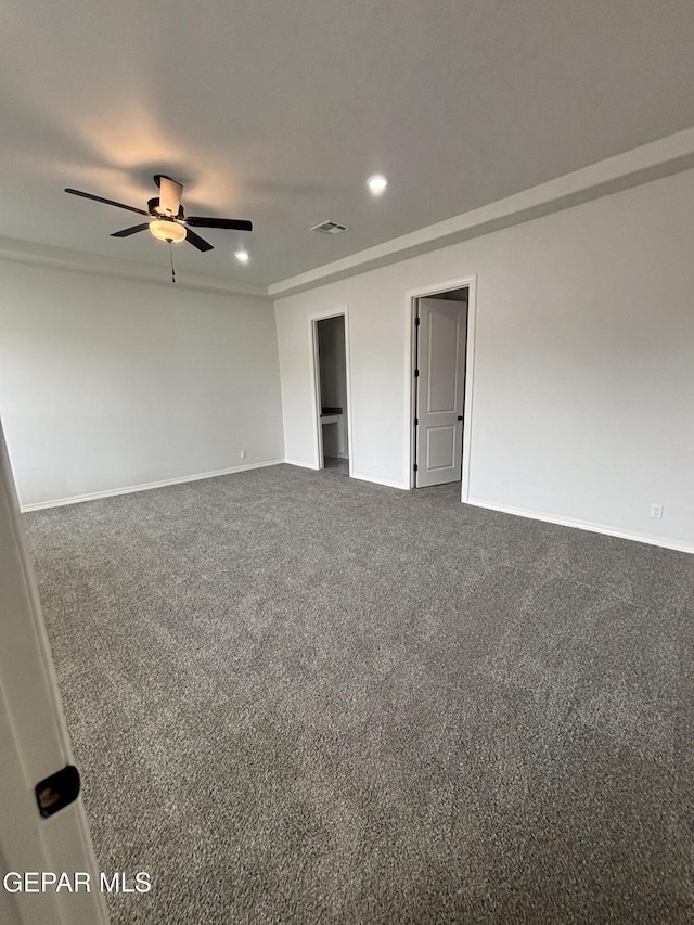 carpeted empty room with visible vents, recessed lighting, baseboards, and a ceiling fan