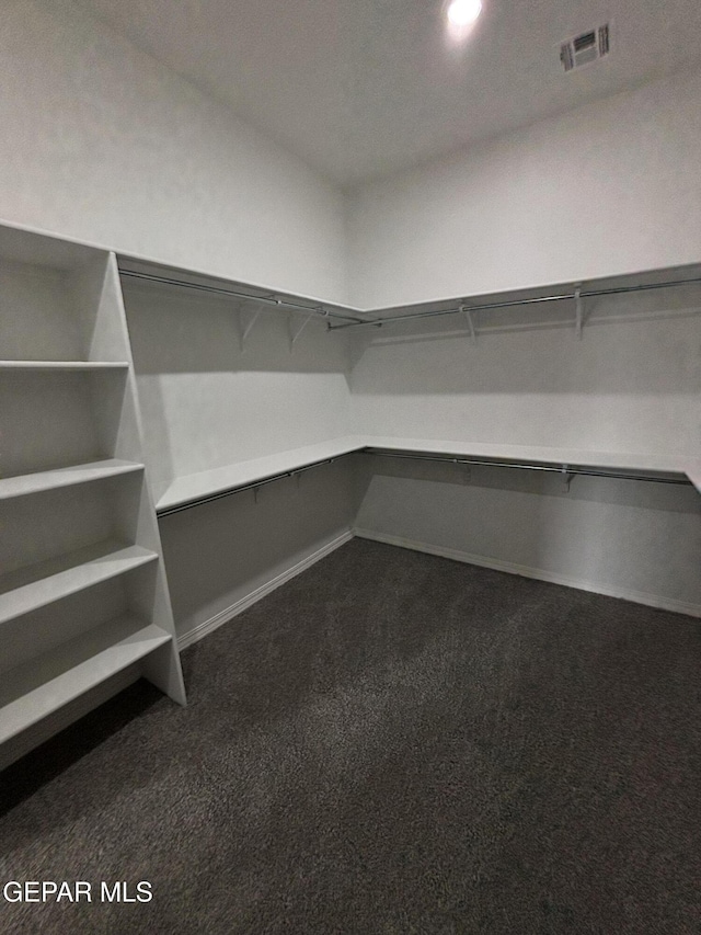 spacious closet with dark colored carpet and visible vents