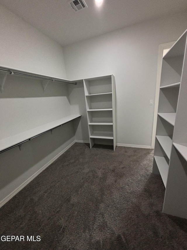 spacious closet featuring visible vents and dark carpet