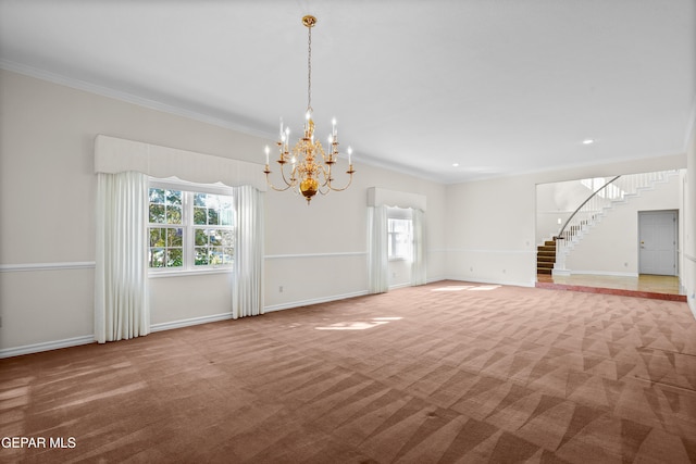 interior space featuring carpet, an inviting chandelier, and ornamental molding