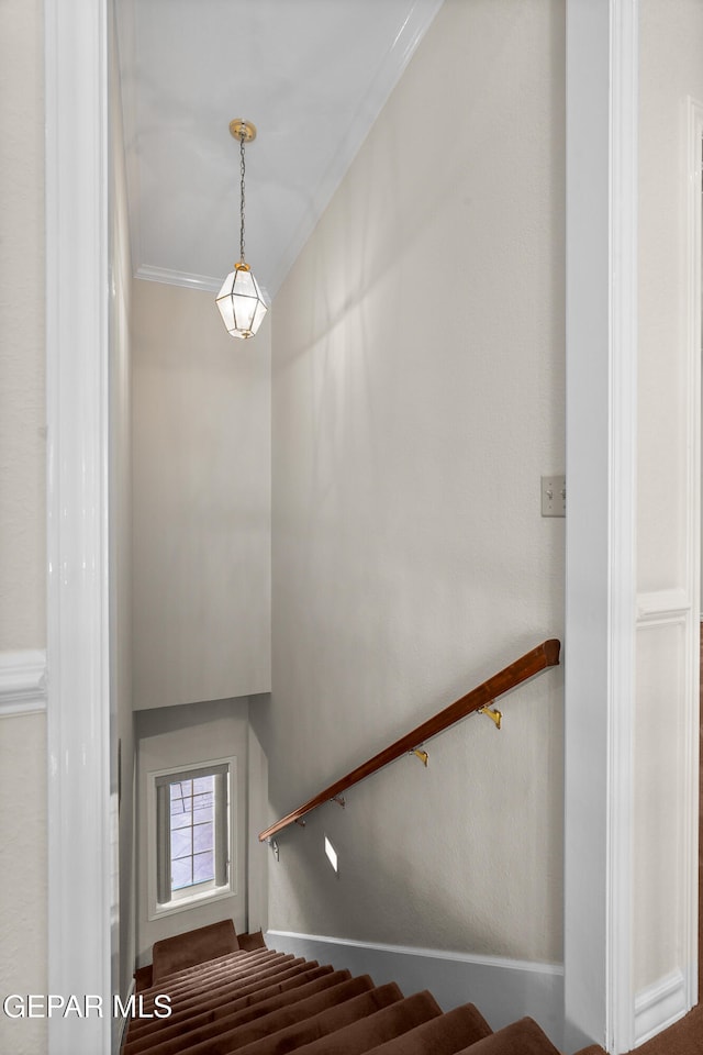 stairs featuring ornamental molding