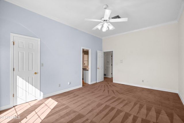 unfurnished bedroom featuring crown molding, ceiling fan, and carpet floors