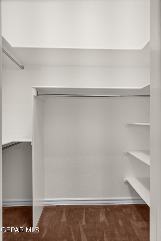 spacious closet featuring dark colored carpet