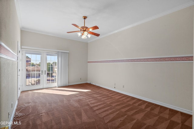 spare room featuring carpet, french doors, ceiling fan, and crown molding