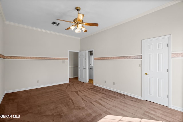 unfurnished bedroom featuring ceiling fan, light carpet, and crown molding