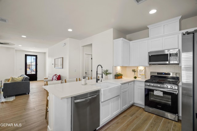 kitchen featuring stainless steel appliances, light countertops, a sink, a peninsula, and open floor plan