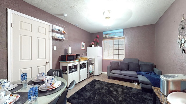 living room featuring light hardwood / wood-style flooring and a textured ceiling