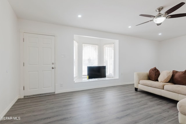 living room with ceiling fan and wood-type flooring