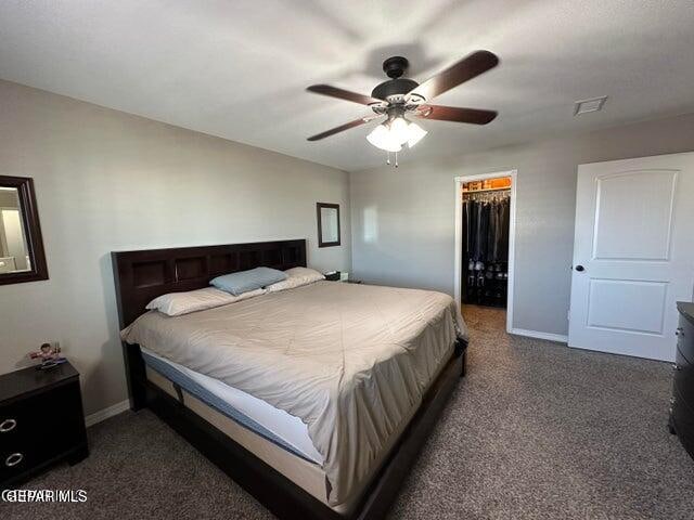 carpeted bedroom featuring a walk in closet, a closet, and ceiling fan