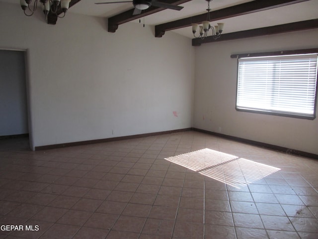 empty room featuring beamed ceiling, light tile patterned floors, and ceiling fan with notable chandelier