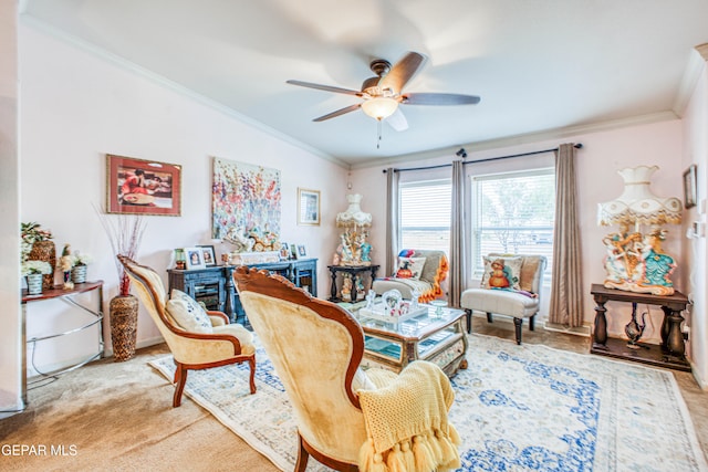 living room featuring crown molding, carpet flooring, and ceiling fan