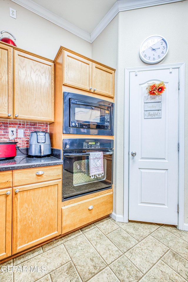 kitchen with decorative backsplash, light tile patterned floors, light brown cabinetry, black appliances, and crown molding