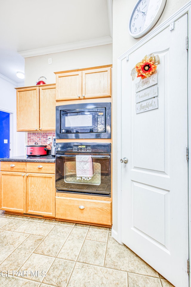 kitchen featuring crown molding, tasteful backsplash, black appliances, and light brown cabinets