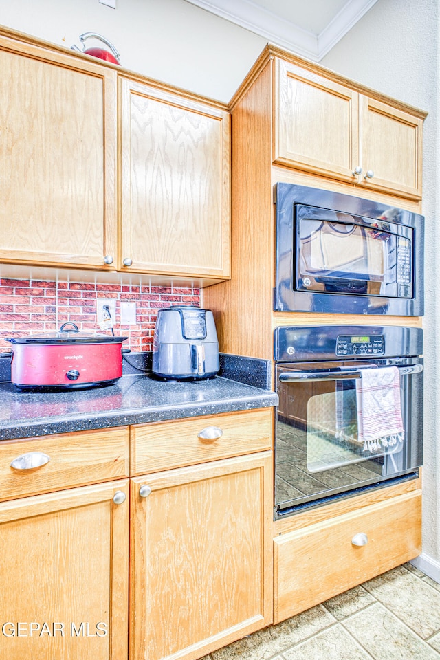 kitchen with crown molding, black appliances, light brown cabinets, and decorative backsplash