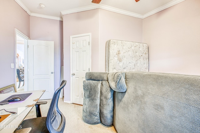 home office with ornamental molding, carpet flooring, and ceiling fan