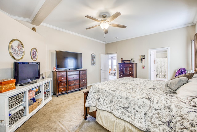 carpeted bedroom with connected bathroom, beamed ceiling, ornamental molding, and ceiling fan