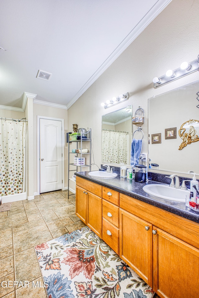 bathroom with vanity, ornamental molding, and a shower with shower curtain