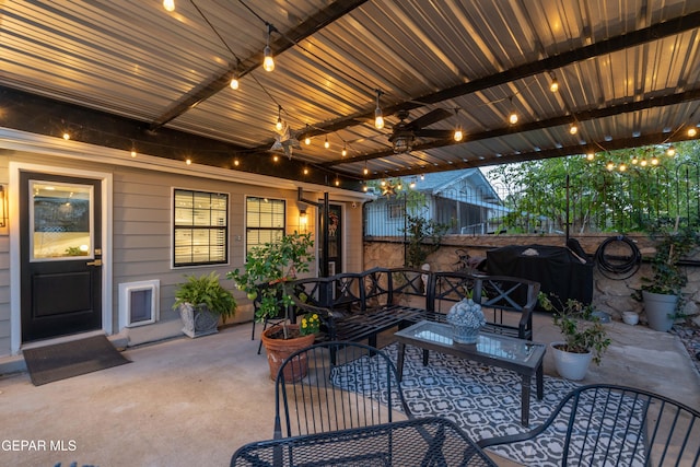 view of patio with an outdoor living space, a grill, and ceiling fan