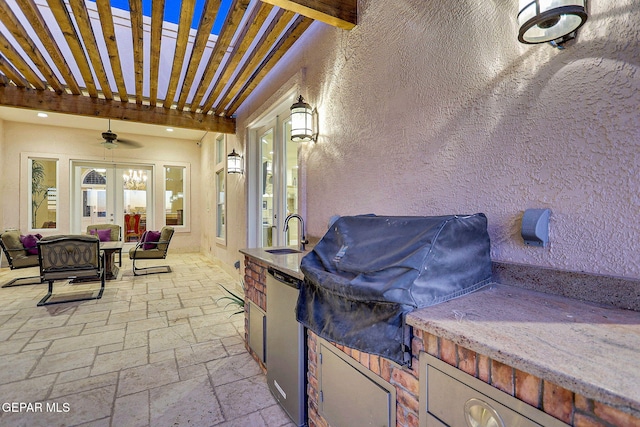 view of patio with grilling area, ceiling fan, a pergola, french doors, and sink