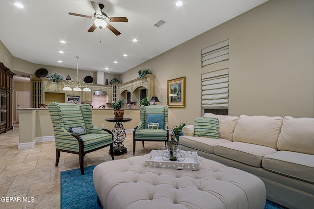 living room featuring ceiling fan